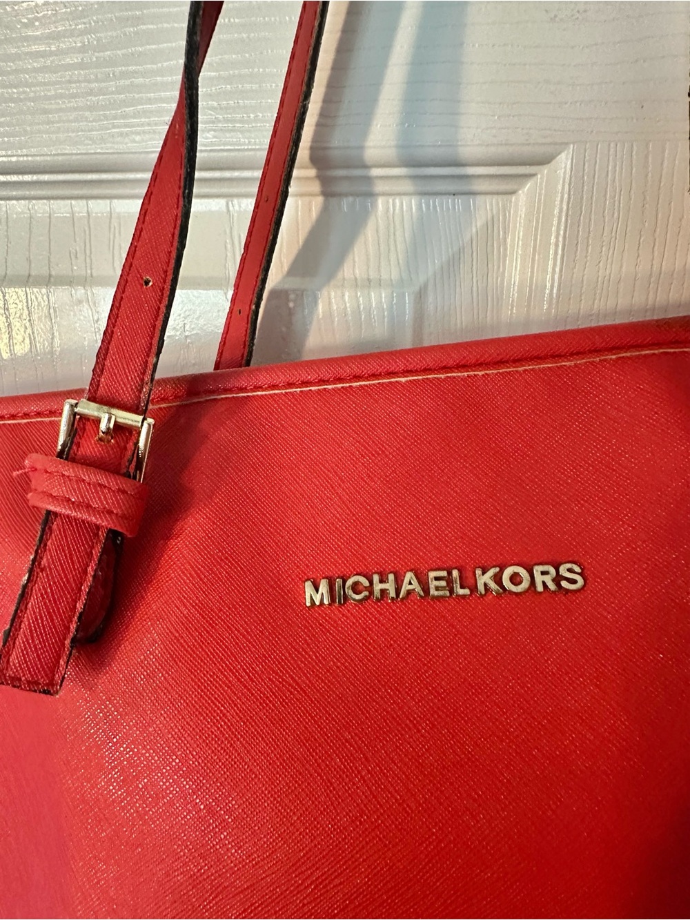 Michael Kors Red Saffiano Leather Tote with MK Charm 11tallx15wide - Picture 3 of 15